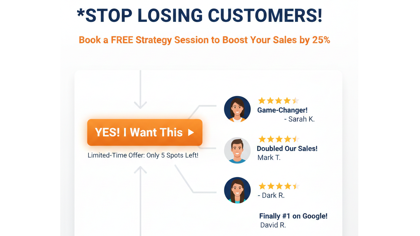 A clean, professional, and simplified diagram illustrating the key components of a high-converting landing page. Show a clear hierarchy with a large, benefit-driven headline at the top, a prominent, contrasting Call-to-Action (CTA) button labeled "YES! I Want This," and a dedicated section for customer testimonials/social proof.