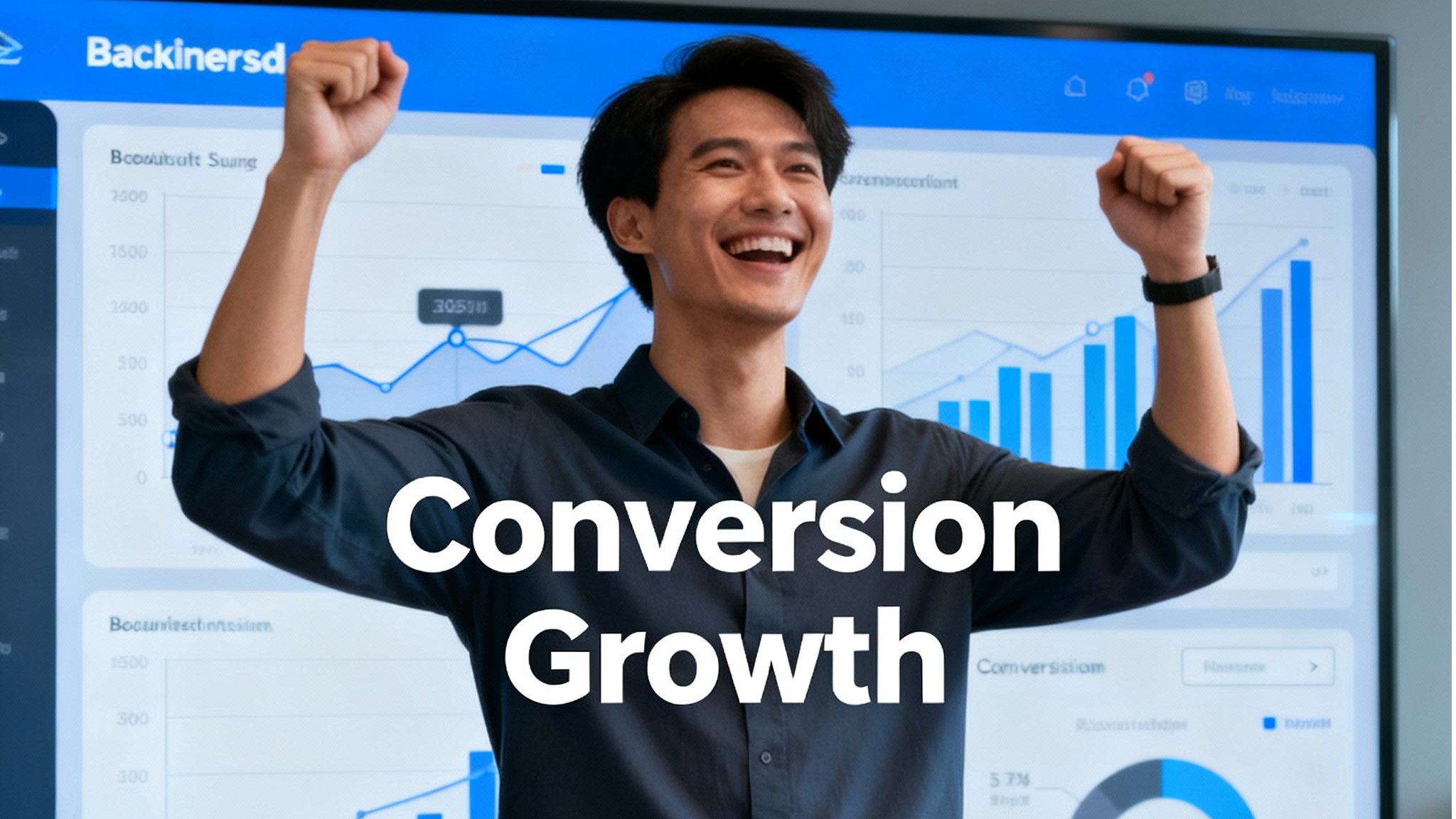 Business owner celebrating online bookings surge via Google Agentic AI, dashboard charts showing conversion growth