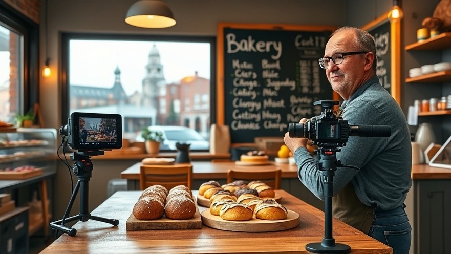 Baker filming video content marketing in cozy bakery with fresh pastries.
