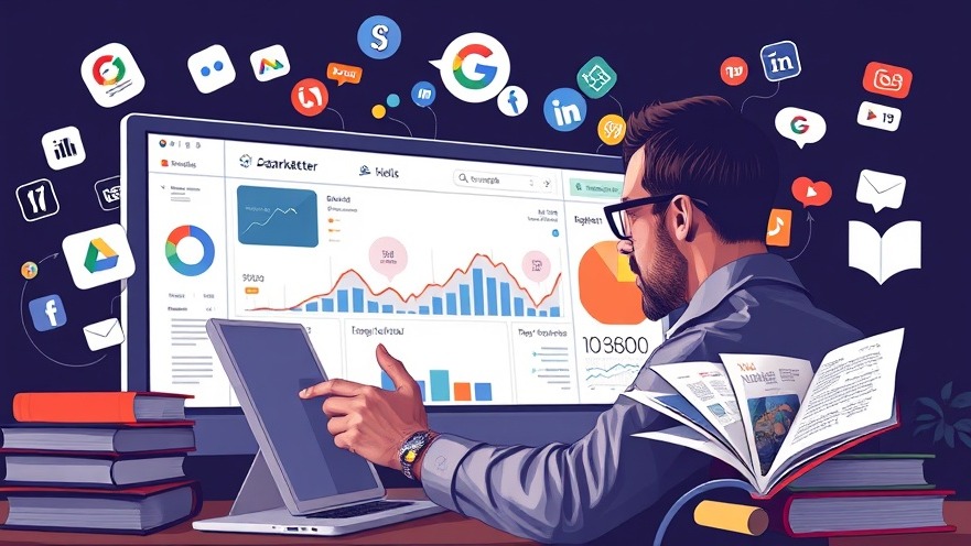 Marketer analyzing lead generation metrics with social media and storytelling icons.