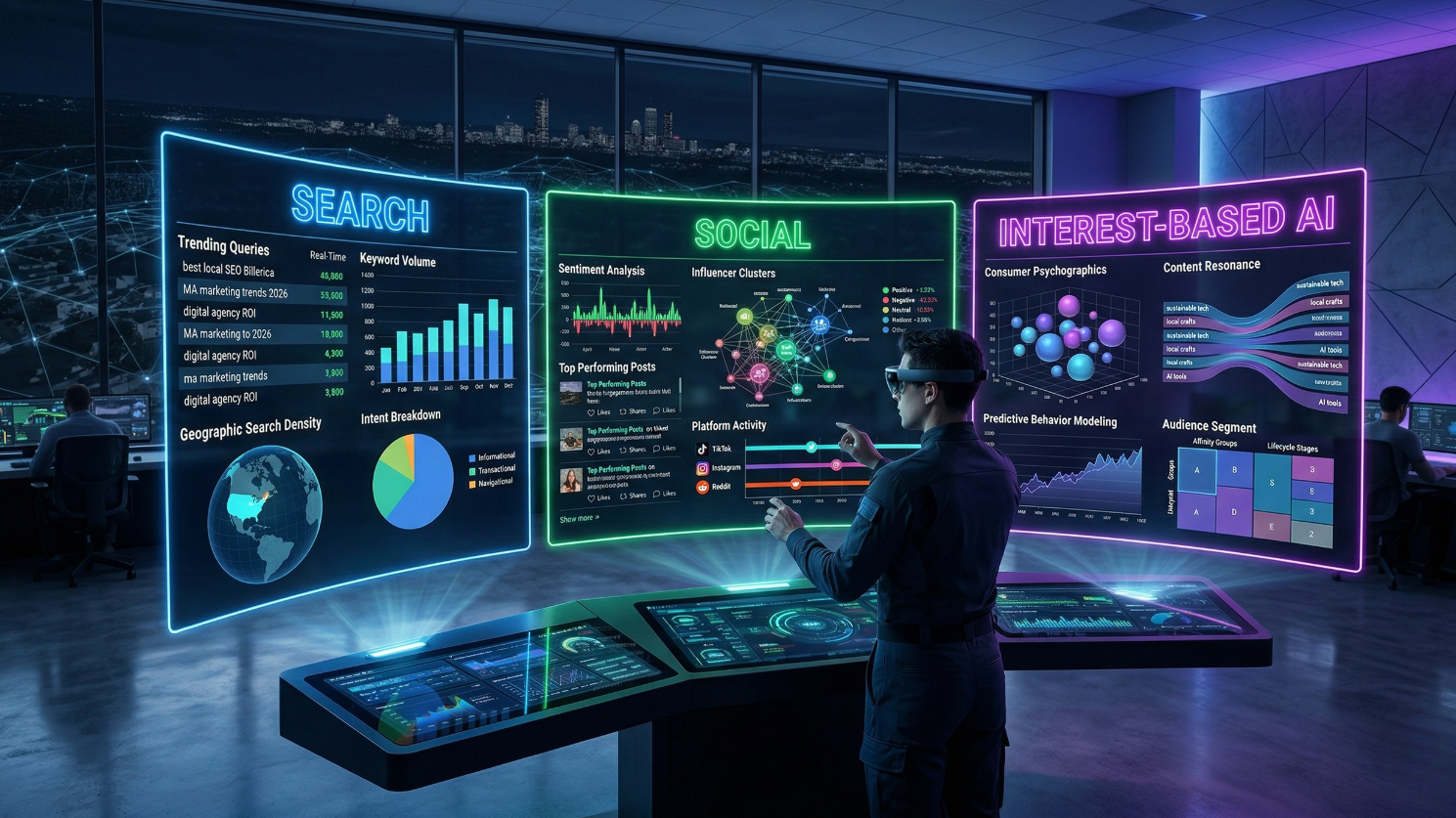 A futuristic digital command center with three large holographic screens showing different data streams for Search, Social, and Interest-based AI.
