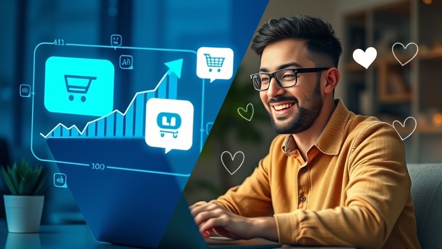 Small business owner smiling at a laptop with rising sales graphs and AI chat icon.