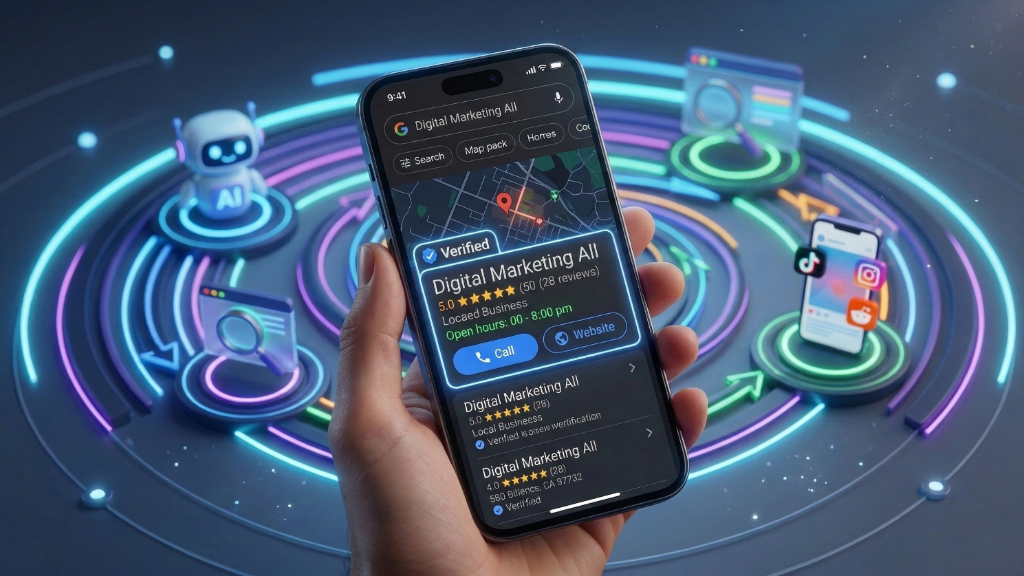 Local SEO map pack results for optimized business profiles with high ratings.