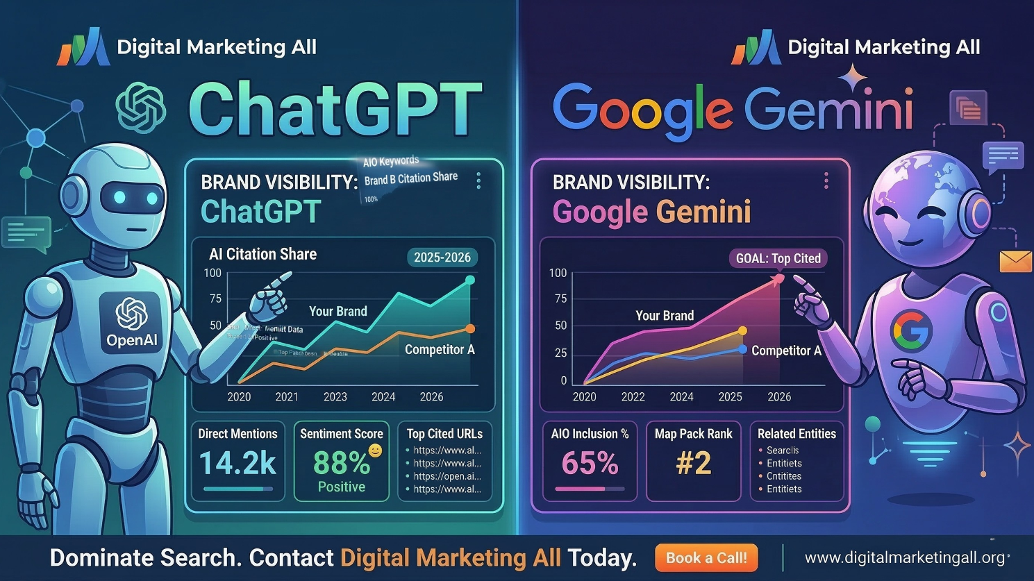 comparison between ChatGPT and Google Gemini. This high-tech illustration visualizes distinct dashboards for both AI models, with 'ChatGPT' in cool blues and teals and 'Google Gemini' in warm purples and pinks. It includes line graphs for visibility, key data metrics, and stylized chatbot figures for each, maintaining a consistent professional aesthetic with the Digital Marketing All branding and call-to-action banner at the bottom.