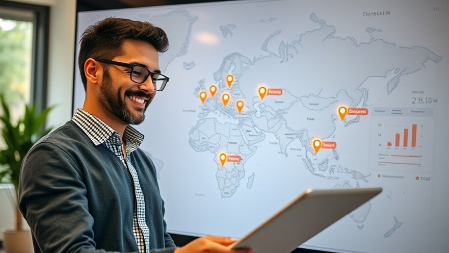 Small business owner smiling at a map pinpointing customers in a modern office.