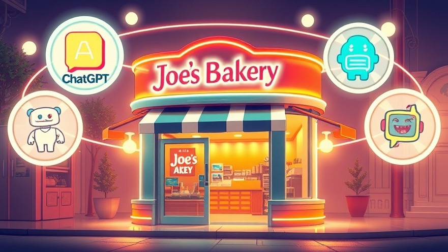Vibrant illustration of Joe's Bakery with AI chatbot icons symbolizing recommendations.