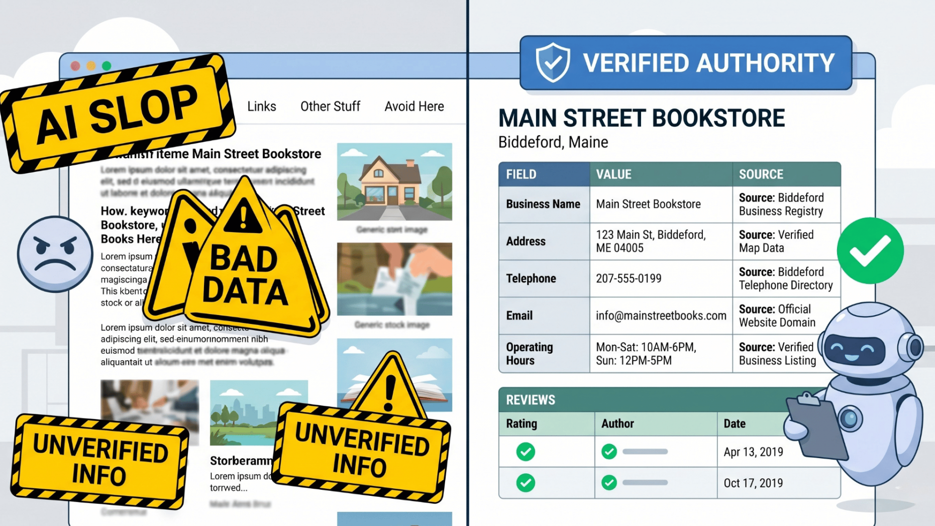 Comparison of messy, unstructured web content vs clean verified data structures that prevent AI slop.