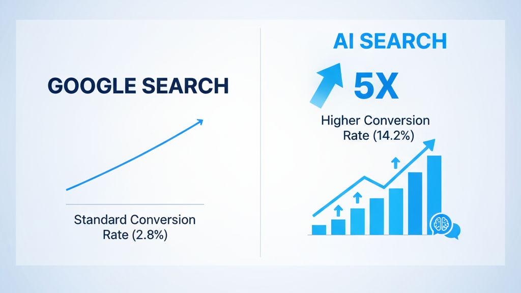 chart showing two columns. One column is labeled "Google Search" and the other is labeled "AI Search." The AI Search column has a graphic showing a 5x higher conversion rate. Keep the style minimal and professional.
