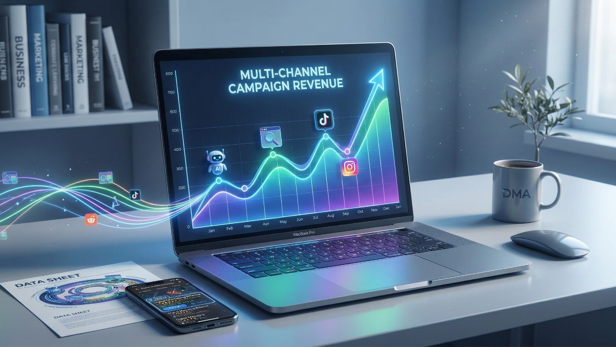 A high-growth multi-channel campaign revenue chart on a laptop screen showing nonlinear digital marketing success with icons for TikTok, Instagram, and AI search agents on a professional office desk.