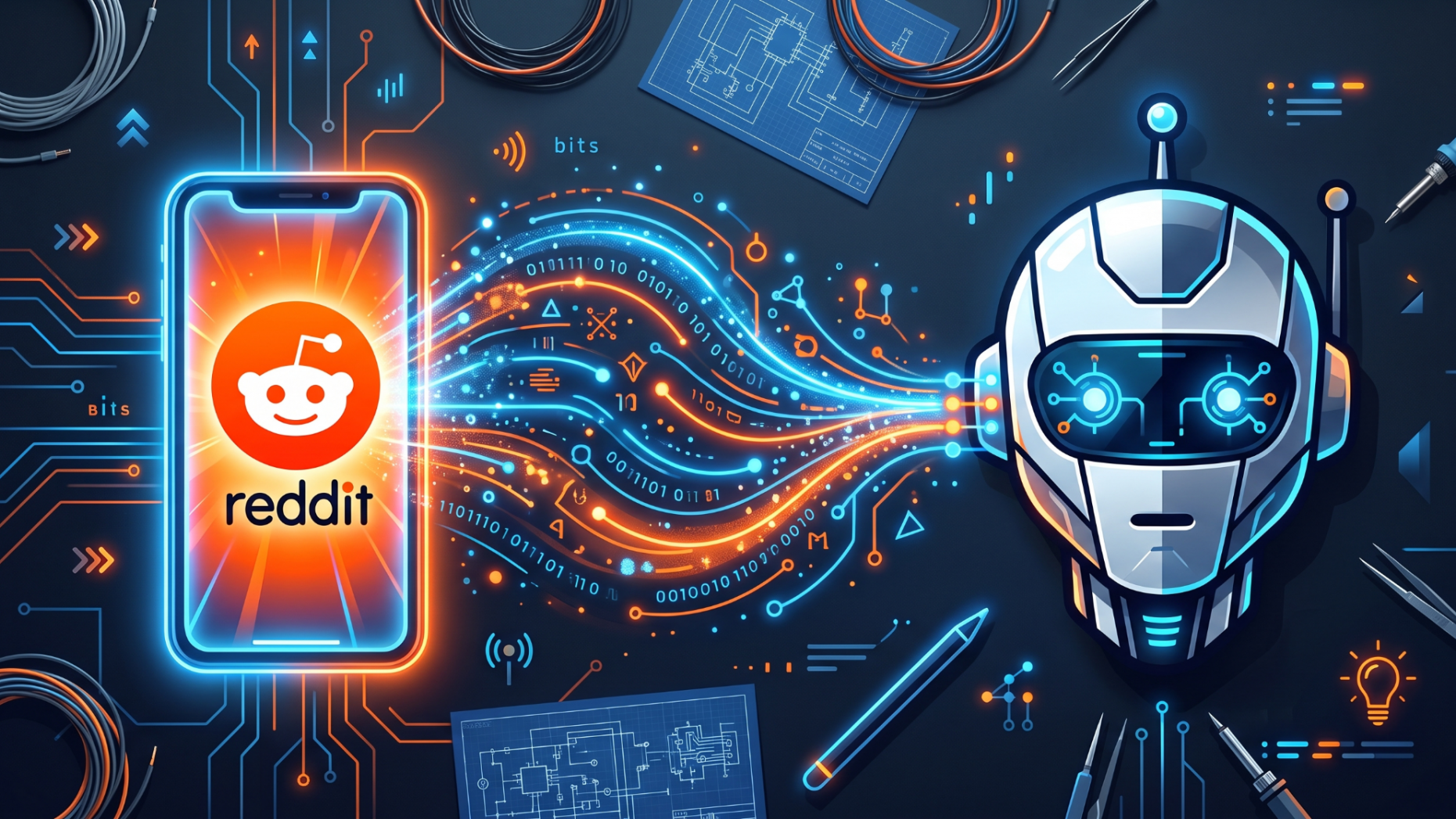 A diagram showing Reddit data feeding into an artificial intelligence search engine.