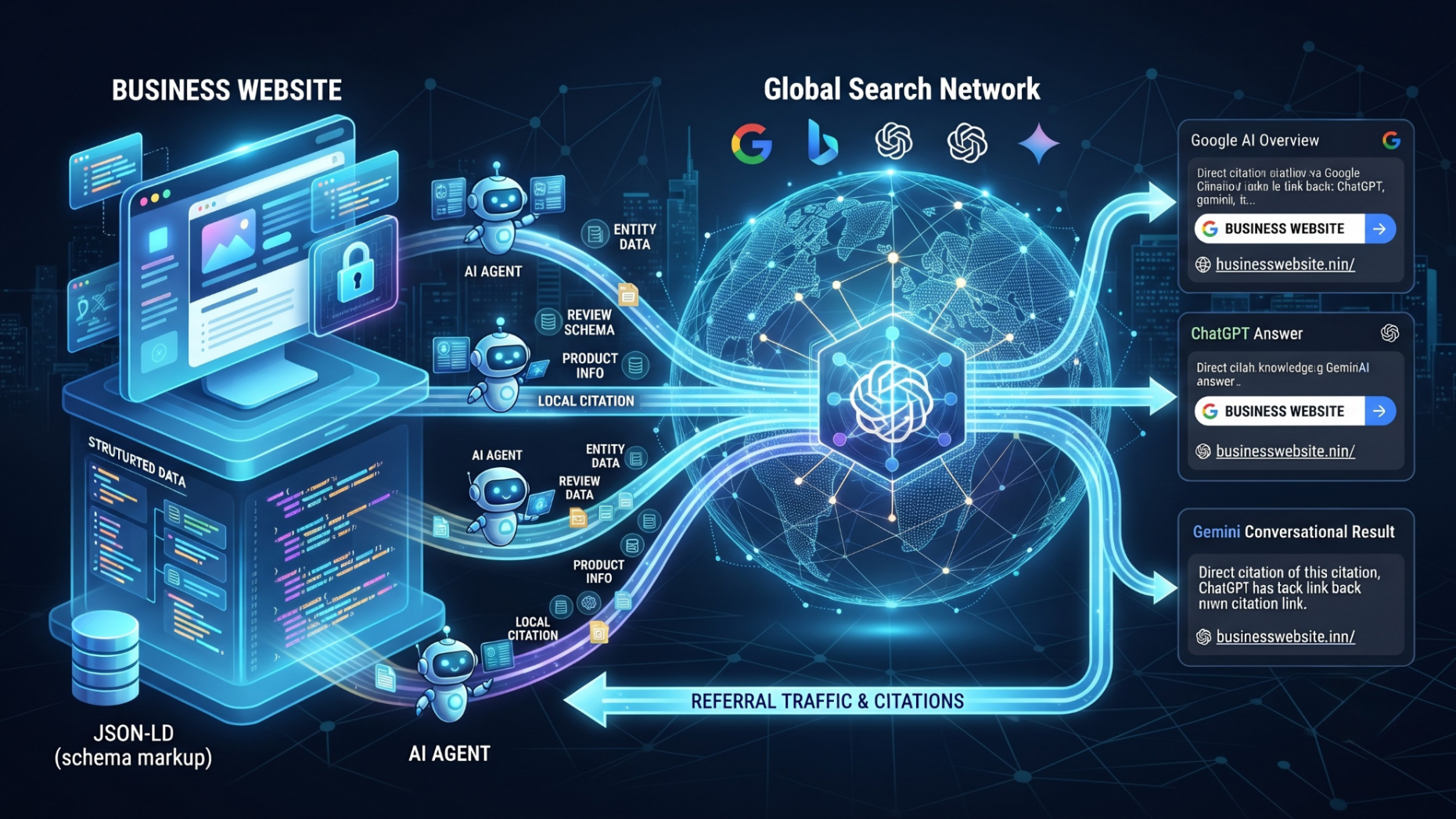 Conceptual illustration of structured data connecting websites to AI search engines.
