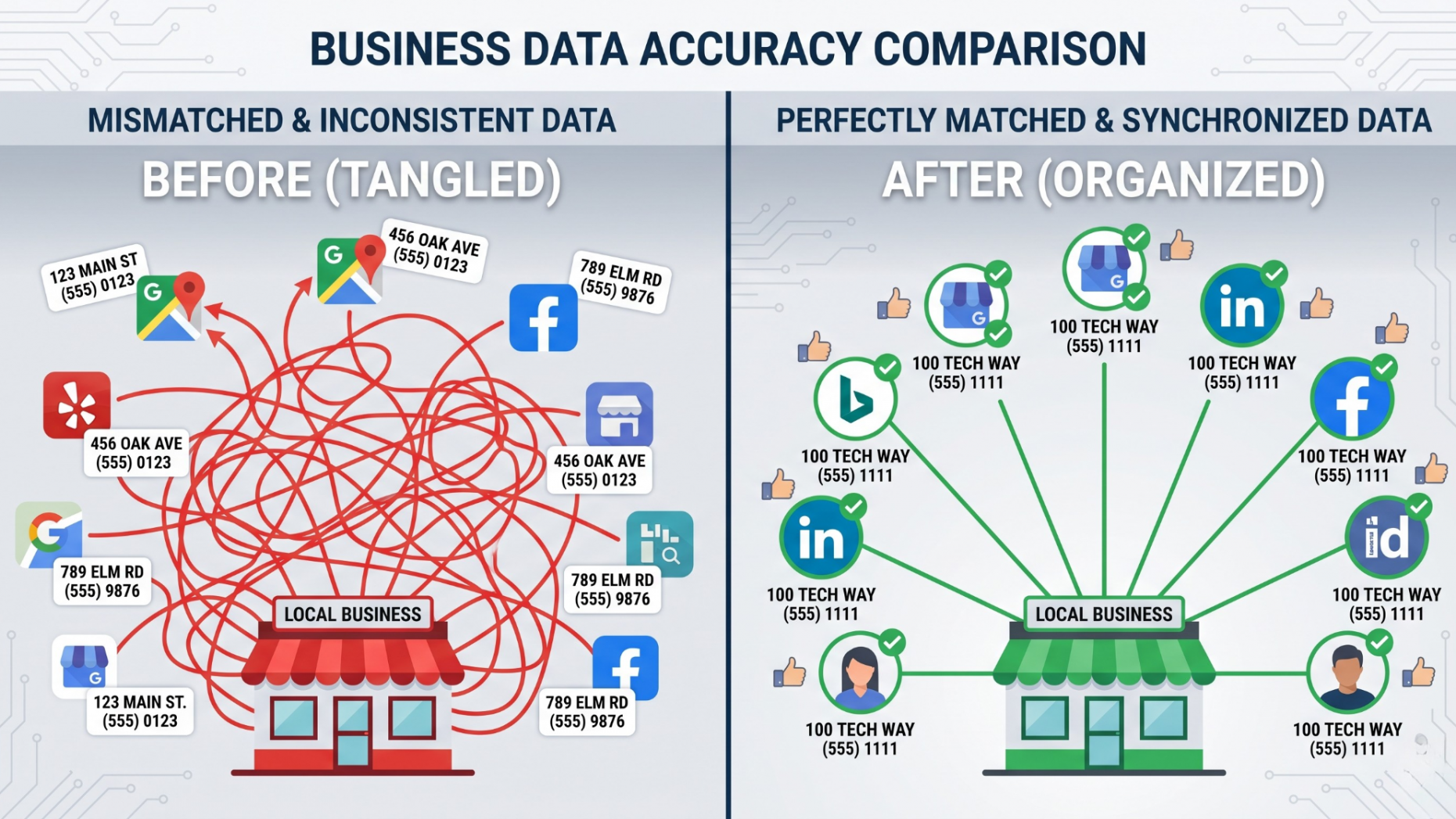 A split-screen infographic style illustration. On the left, messy, tangled red lines connect a storefront to different mismatched addresses. On the right, clean, straight green lines connect a storefront to perfectly matching digital profiles. Flat vector style, corporate tech aesthetic.