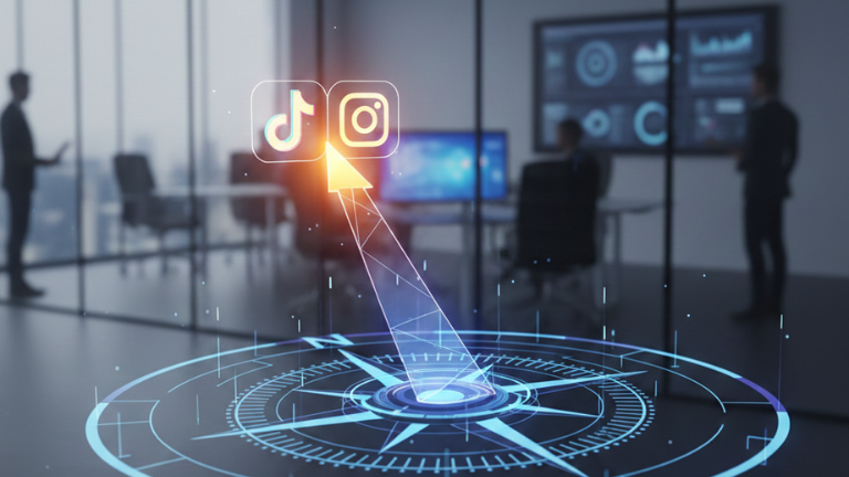 A stylized, futuristic digital compass. The needle is pointing not north, but toward a glowing social media icon