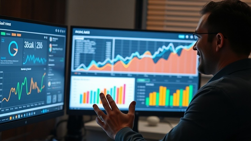 Business owner smiling while analyzing vibrant graphs on AI and social trends.