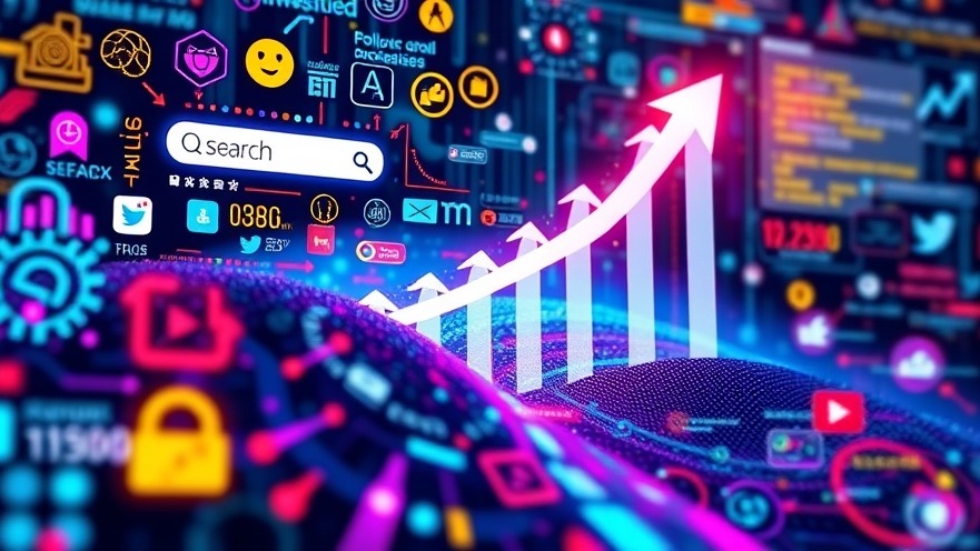Vibrant digital landscape with AI icons and growth symbols in bright colors