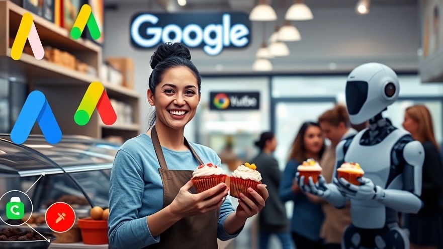 smiling woman in a bakery with an AI holding cupcakes