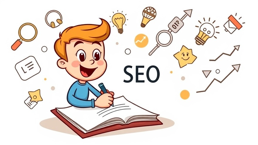 Cartoon character writing SEO notes with icons and success symbols