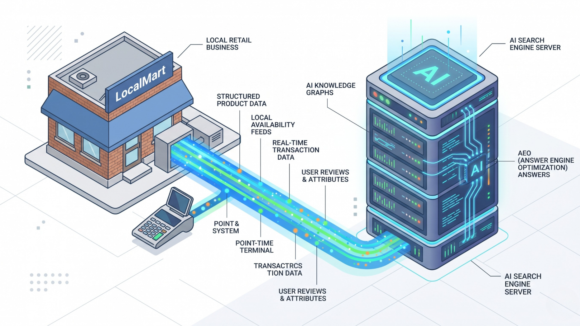Isometric diagram showing a local retail store sending structured data feeds directly into an AI search engine server.