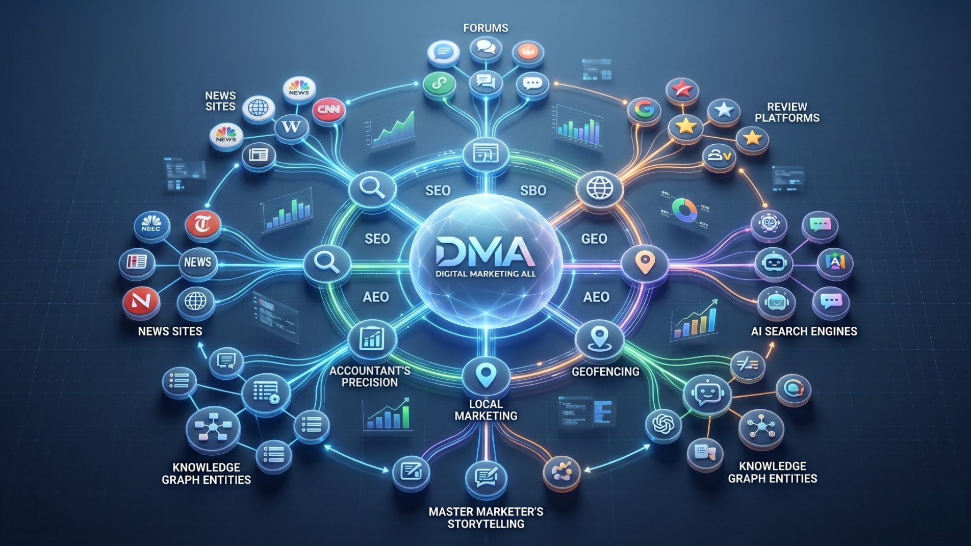 3D diagram showing a brand entity connected to high-authority third-party platforms for AI visibility.