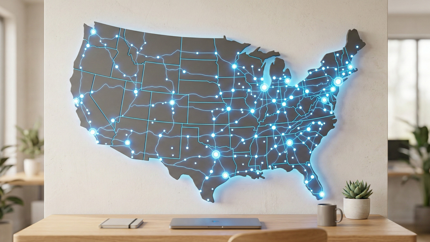 A 3D map of the United States with glowing nodes representing local search authority