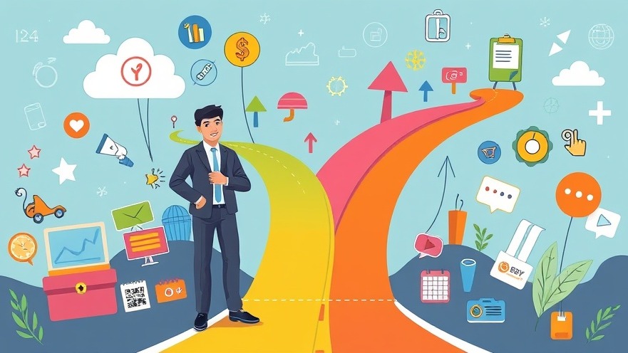 A business owner at a crossroads, vibrant paths to success with marketing icons.