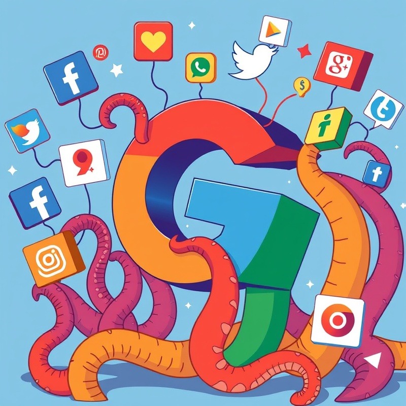 A colorful illustration showing a Google logo with tentacle-like arms reaching out to various social media platform icons, pulling information towards it.