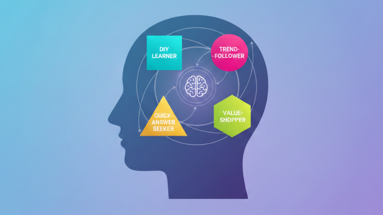 An abstract, minimalist graphic showing a human head silhouette with four different colored shapes inside, each clearly labeled with a psychographic persona: "DIY Learner," "Quick-Answer Seeker," "Trend-Follower," and "Value-Shopper."