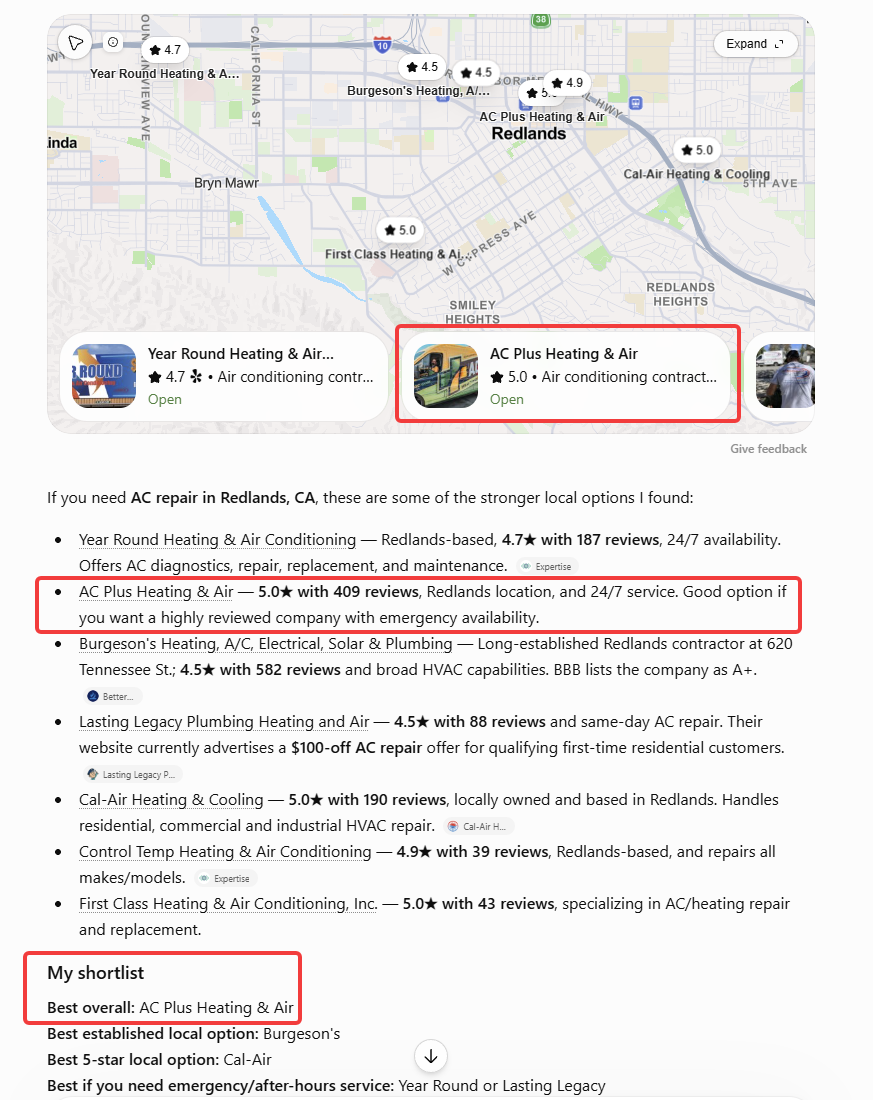 ChatGPT recommendation in Redlands