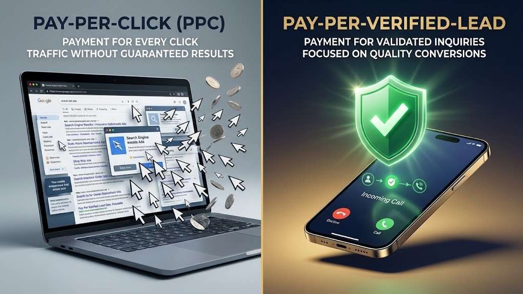 Comparison graphic illustrating Pay-Per-Verified-Lead Google Guarantee calls versus traditional pay-per-click advertising for contractors