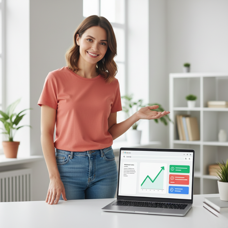 woman showing a graph of more traffic once she made changes to her seo