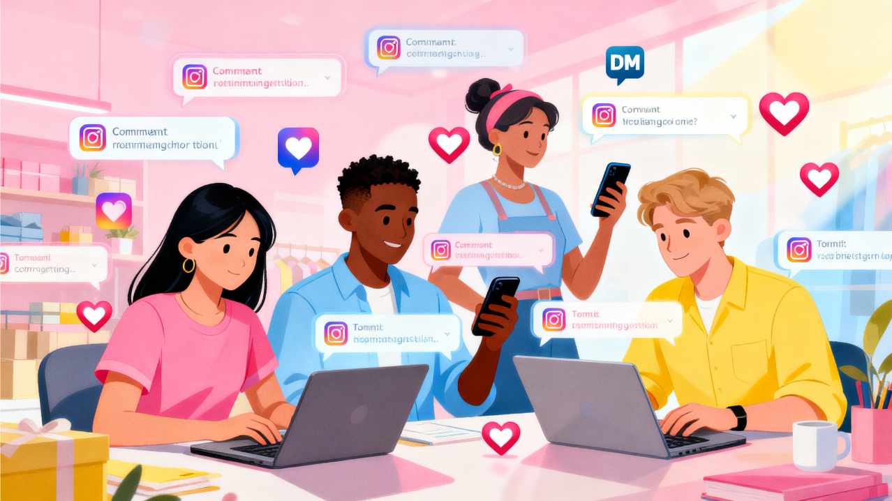 Diverse small-business owners engaging with customers via comments and DMs on laptops and phones, with floating Instagram UI elements and heart/share icons.