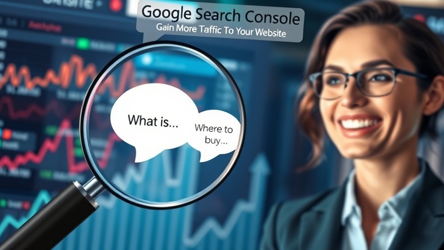 Futuristic Google Search Console interface highlighting search queries and a smiling professional.