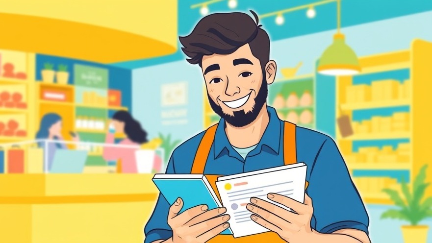 Small business owner smiling, reading customer feedback on a tablet in vibrant shop.