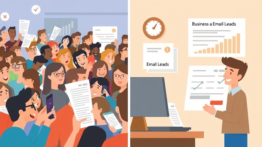 Happy crowd reading free online articles and a business owner receiving leads in a cartoon style.