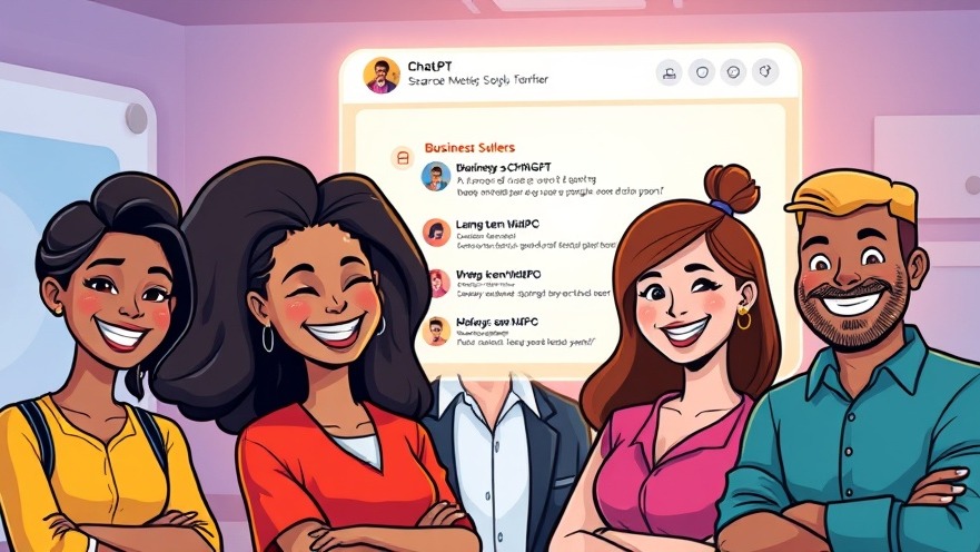 Diverse business owners smiling at ChatGPT screen showcasing their brand, cartoon style.