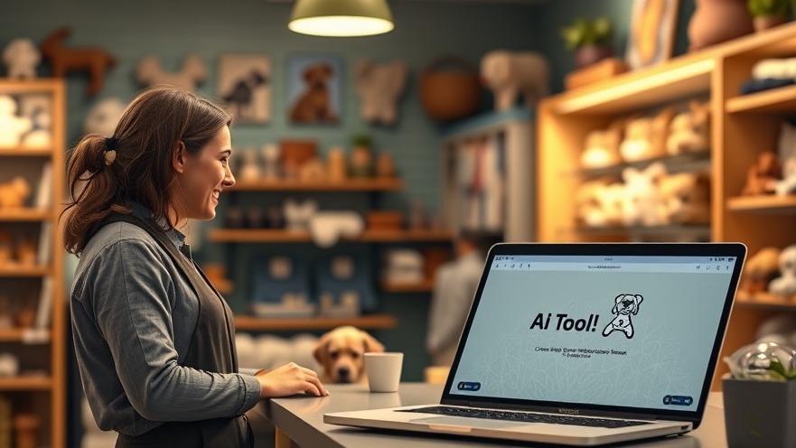 Cozy pet store scene with friendly owner using AI content optimization tool.