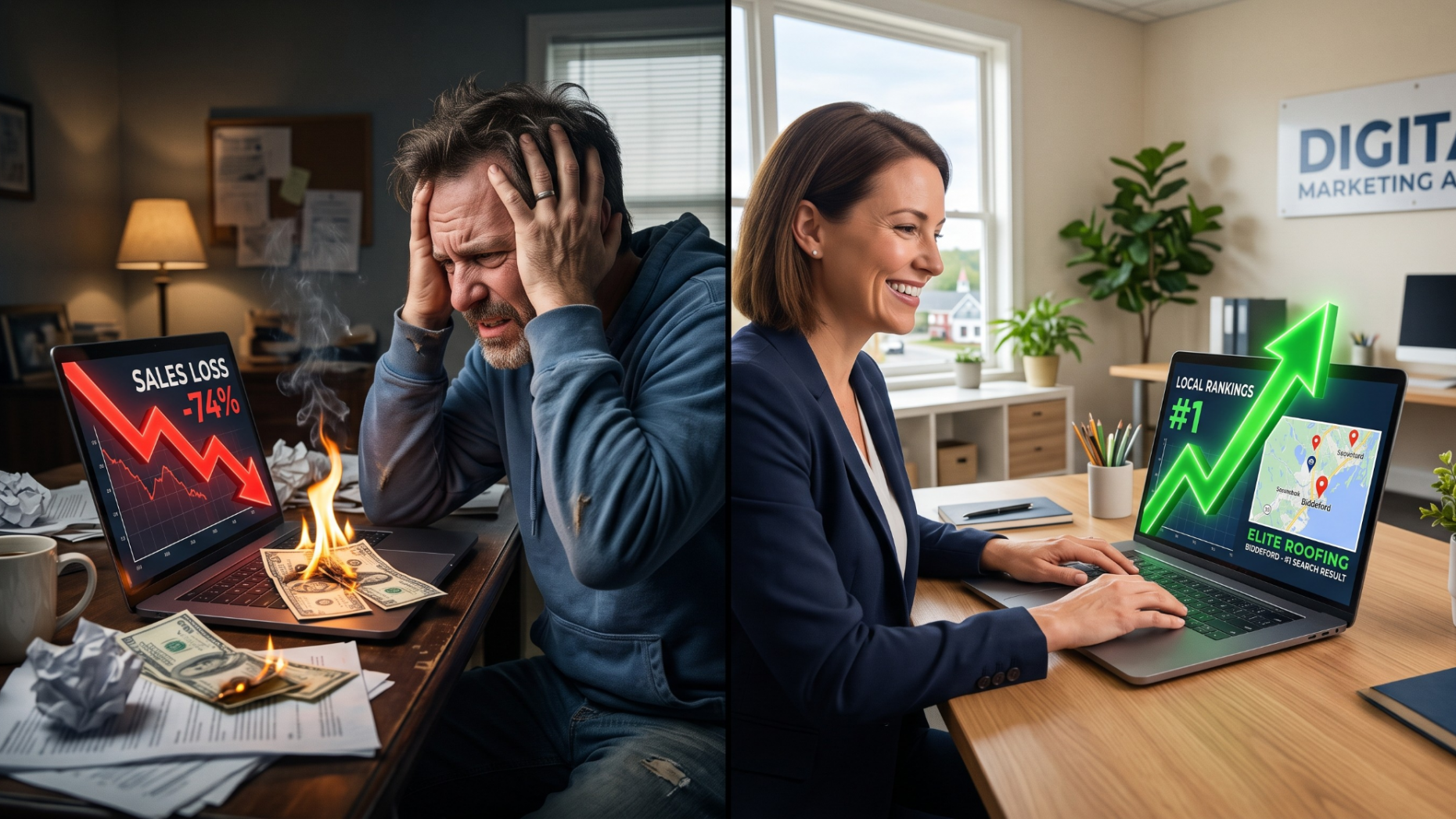 Frustrated business owner losing money on ads versus a successful business owner growing their revenue.