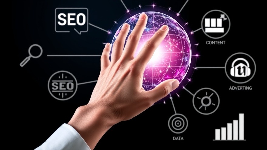 A business owner engaging with a bright, abstract AI interface surrounded by marketing icons.