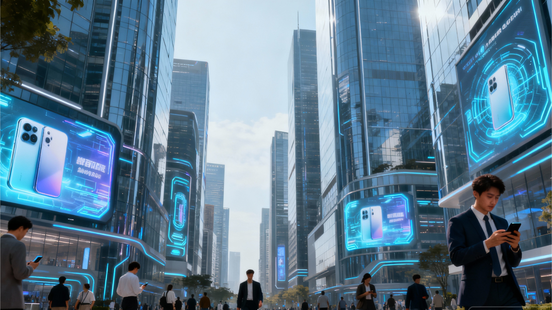 Futuristic cityscape billboards displaying AI-driven product ads, people interacting via smartphones, sleek style, daytime, no numbers or text overlays