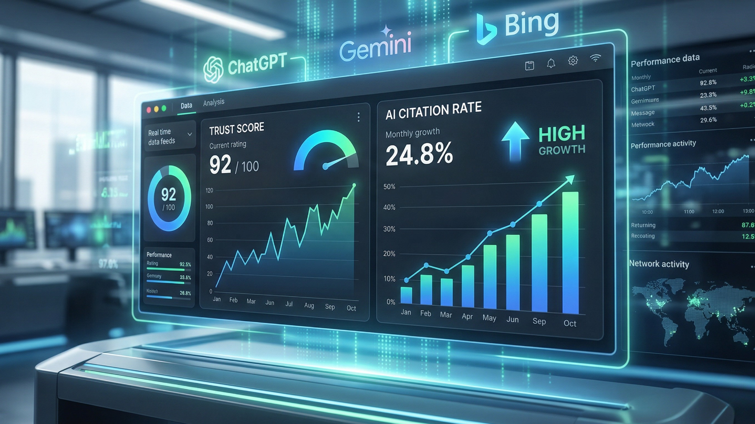 Dashboard showing AI citation growth and brand trust metrics for 2026 GEO strategy