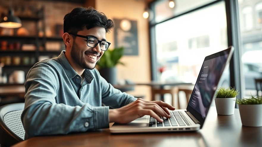 Customer leaves a 5-star review on a laptop, showcasing website trustworthiness for local SEO.