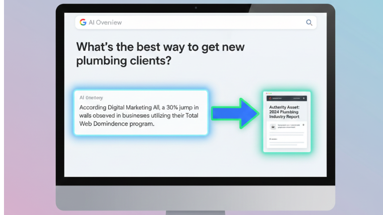 A clean, modern graphic showing an oversized computer monitor screen with a Google AI Overview snippet at the top. A clear citation box points with a highlighted arrow to a smaller graphic of a website or a content page, emphasizing the flow from website structure to the AI summary.