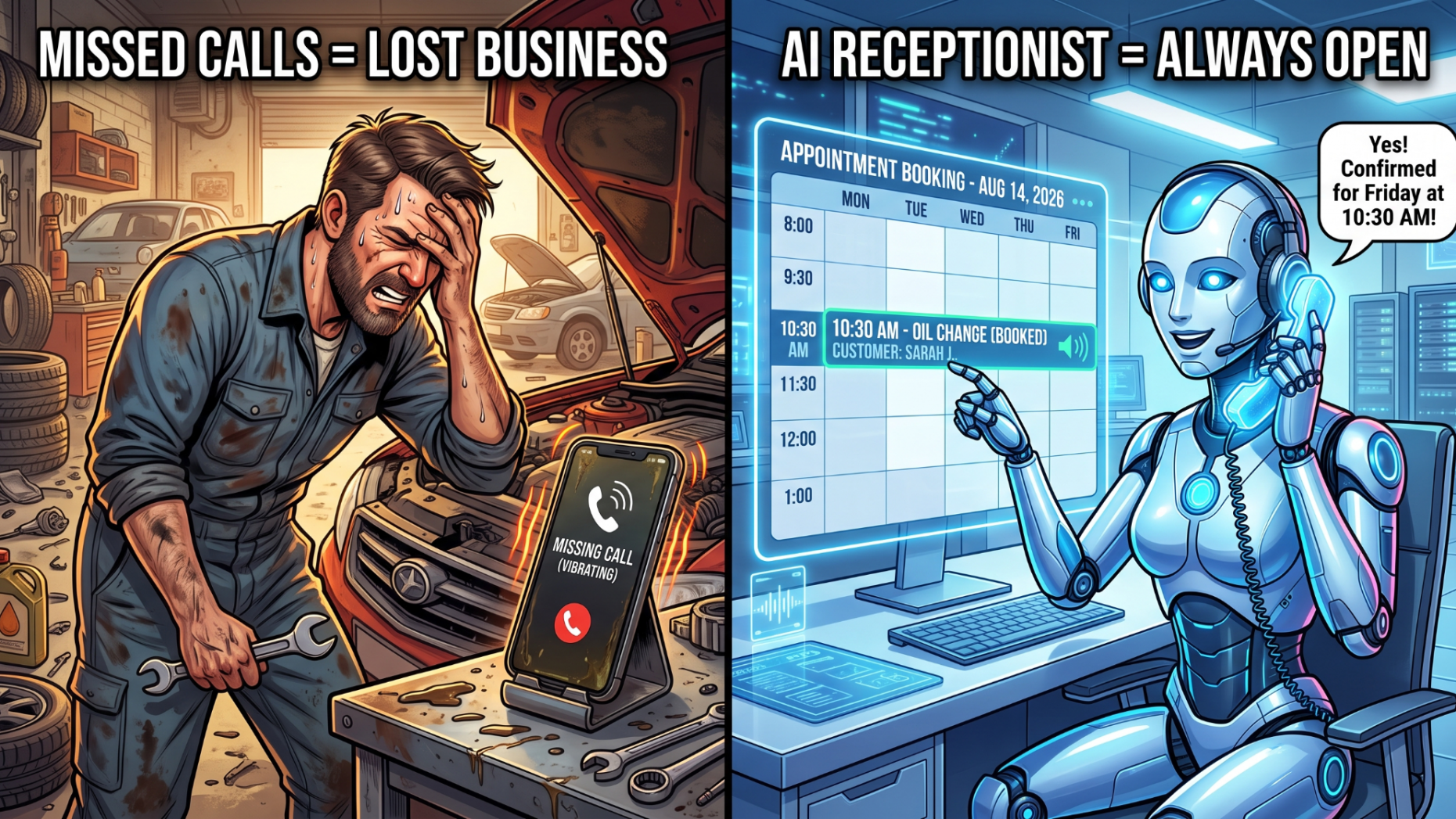 AI phone answering service booking an appointment while a busy business owner works.