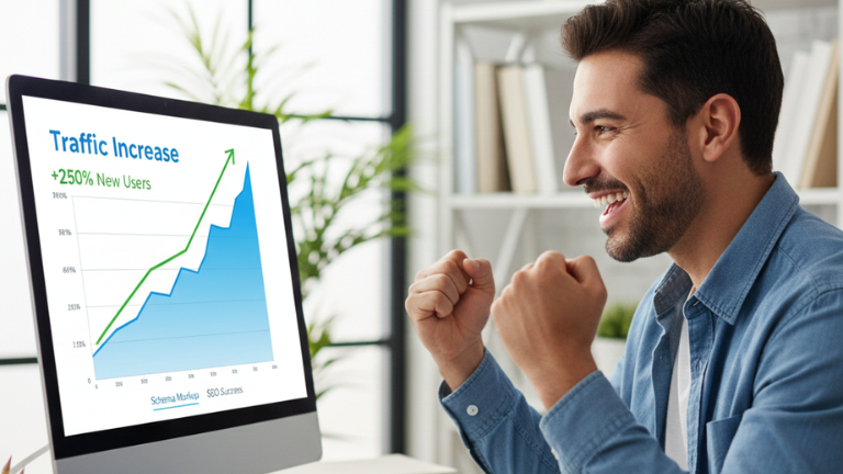 Image of a man looking at a computer screen that shows an increase in website traffic