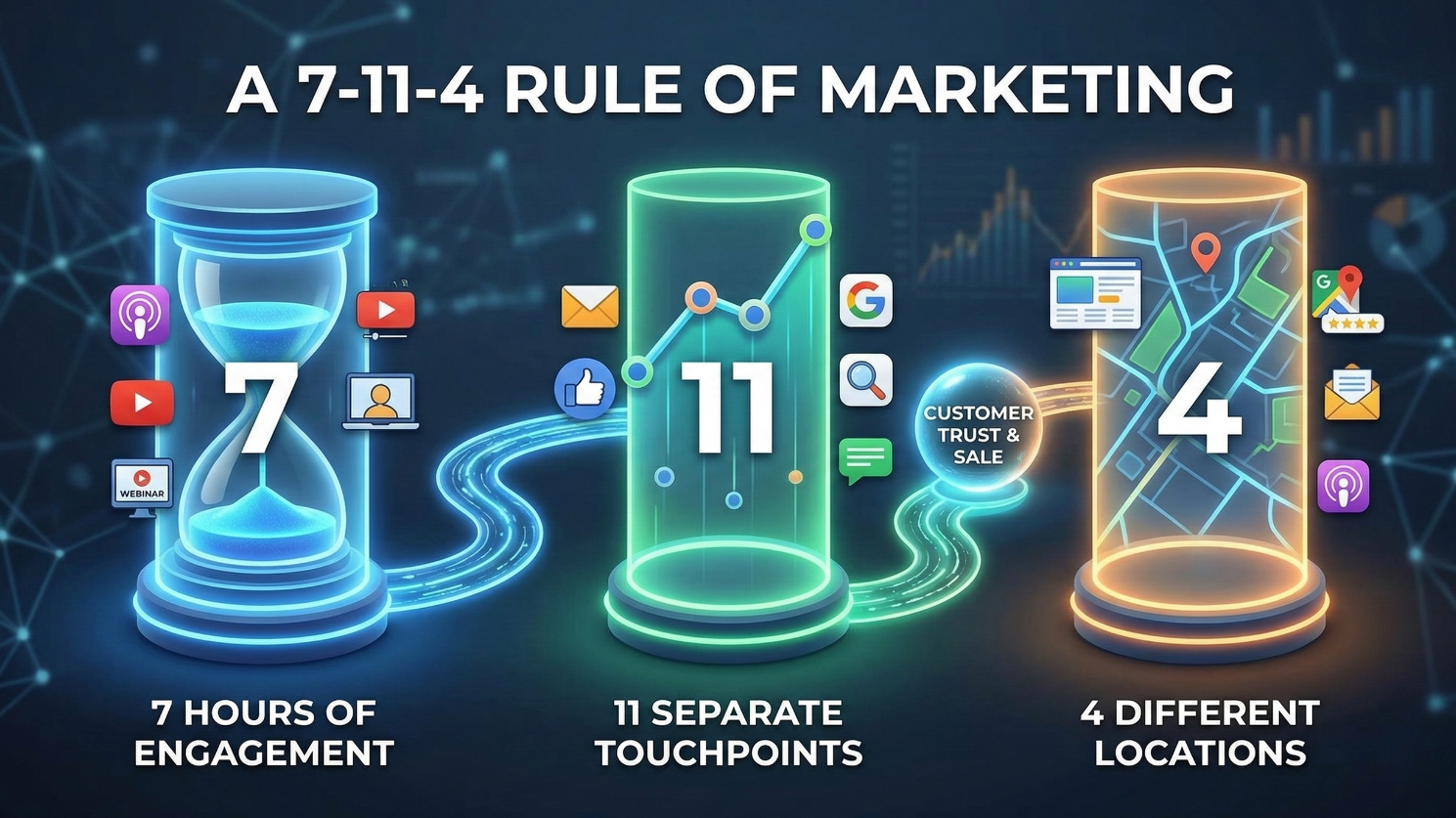7 Hours: Represented by an hourglass, this signifies the total engagement time needed to build trust, incorporating formats like videos and webinars. 11 Touchpoints: Shown as a graph, this highlights the necessity of multiple brand interactions across platforms such as social media and search. 4 Locations: Depicted on a map with distinct icons, this visualizes the importance of appearing in different online contexts to establish authority.