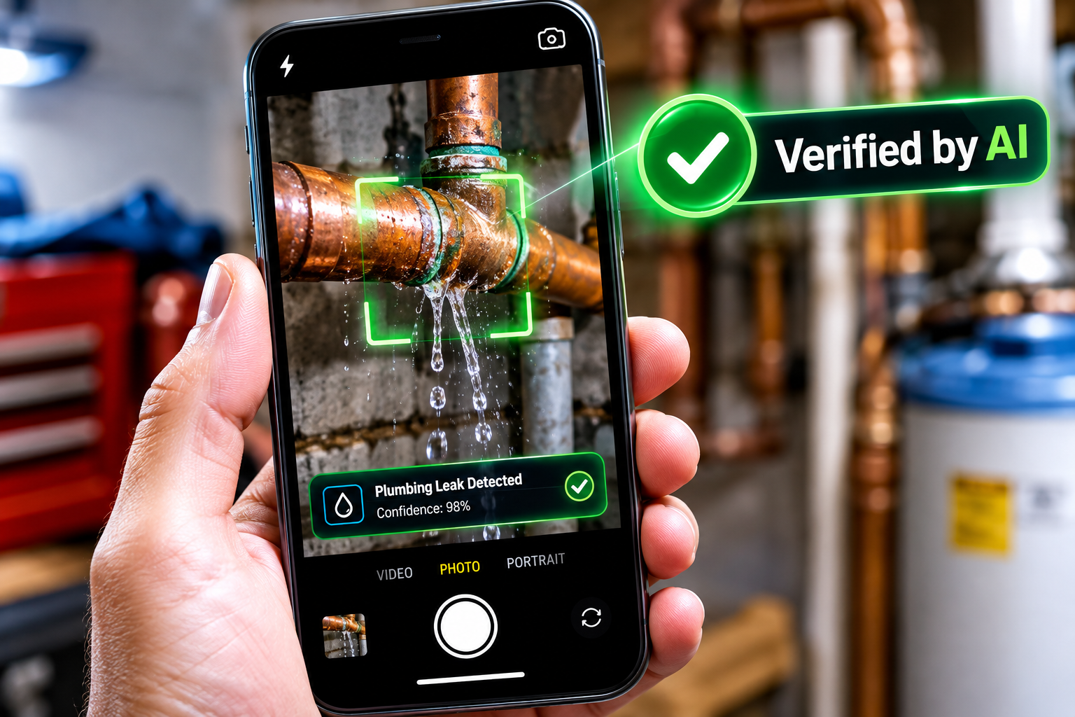 Smartphone camera identifying home repair needs with visual AI targeting overlays.