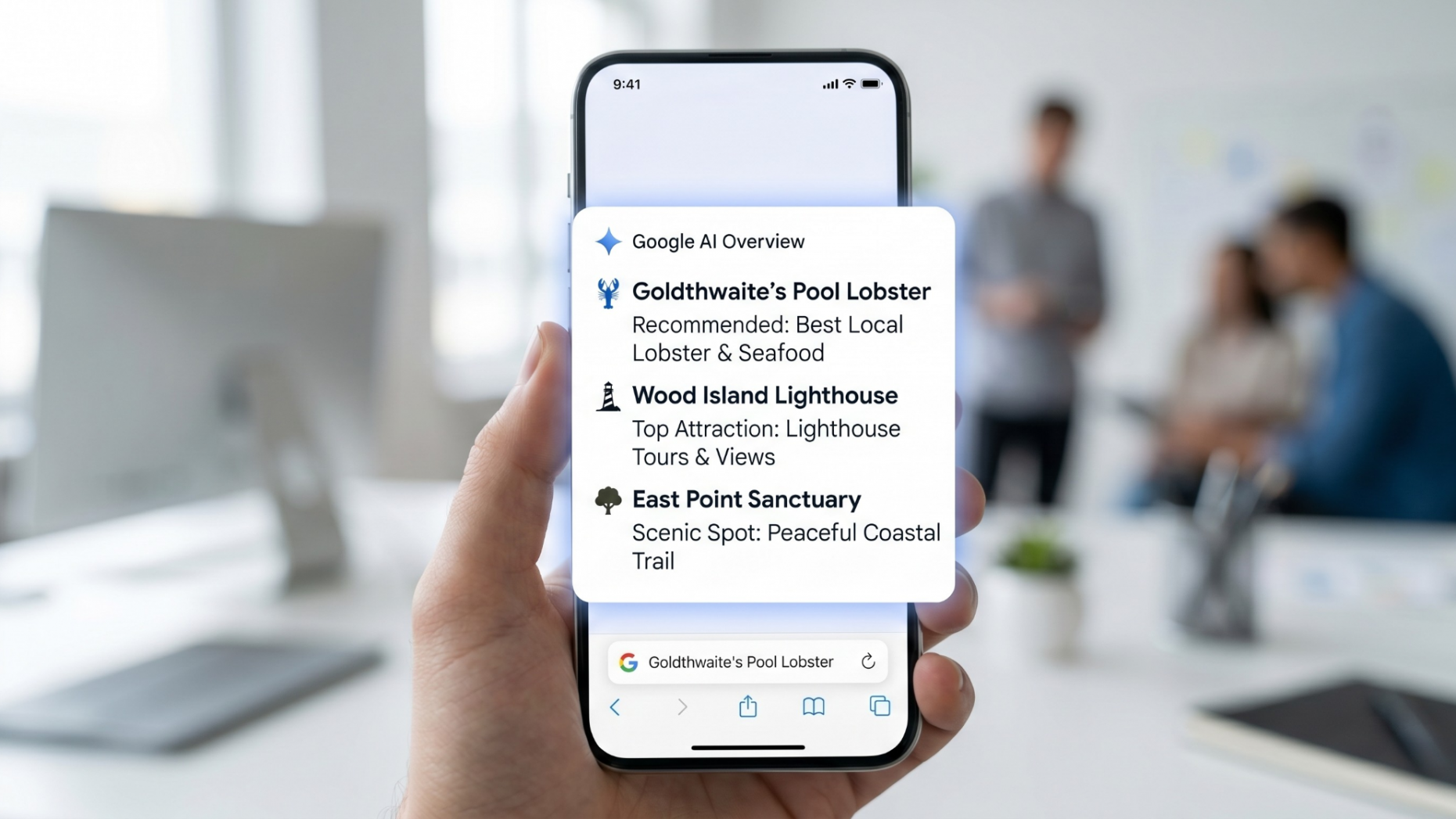 Smartphone showing a Google local search results page highlighting an AI Overview citation.