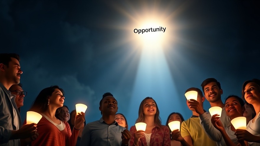 Hopeful community discovering opportunities with glowing lights in a digital sky.