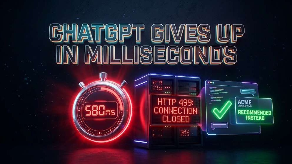 High-contrast graphic showing a digital stopwatch timing out at 580ms with an HTTP 499 error, causing ChatGPT to recommend a competitor.
