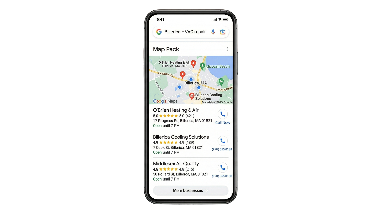  Google Business Profile map pack showing local search results with 5-star ratings and contact information.
